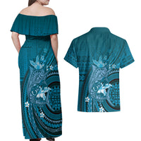 Samoa Tatau Marlin Couples Matching Off Shoulder Maxi Dress and Hawaiian Shirt With Siapo Motifs Teal