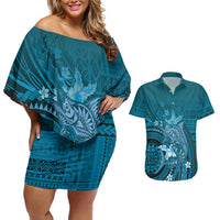 Samoa Tatau Marlin Couples Matching Off Shoulder Short Dress and Hawaiian Shirt With Siapo Motifs Teal
