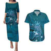 Samoa Tatau Marlin Couples Matching Puletasi and Hawaiian Shirt With Siapo Motifs Teal