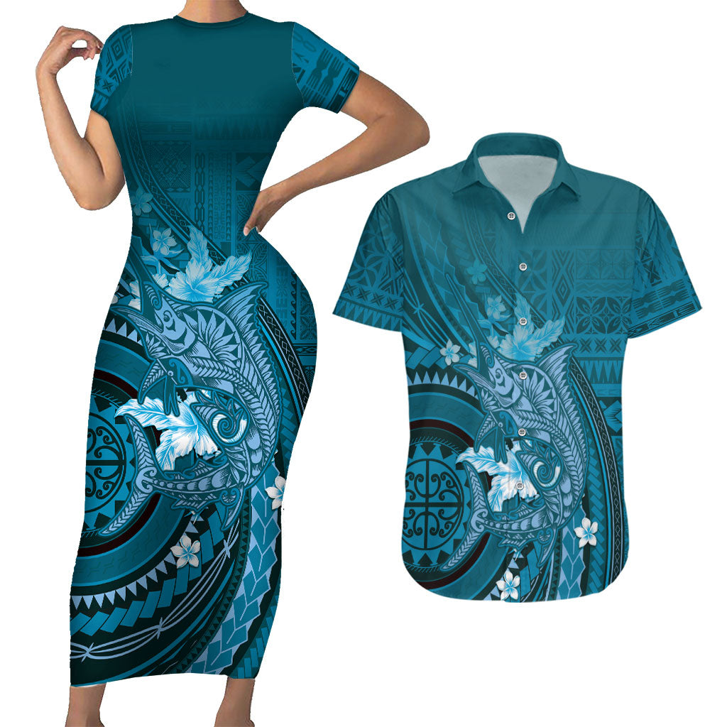 Samoa Tatau Marlin Couples Matching Short Sleeve Bodycon Dress and Hawaiian Shirt With Siapo Motifs Teal LT05 Teal - Polynesian Pride