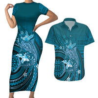 Samoa Tatau Marlin Couples Matching Short Sleeve Bodycon Dress and Hawaiian Shirt With Siapo Motifs Teal LT05 Teal - Polynesian Pride