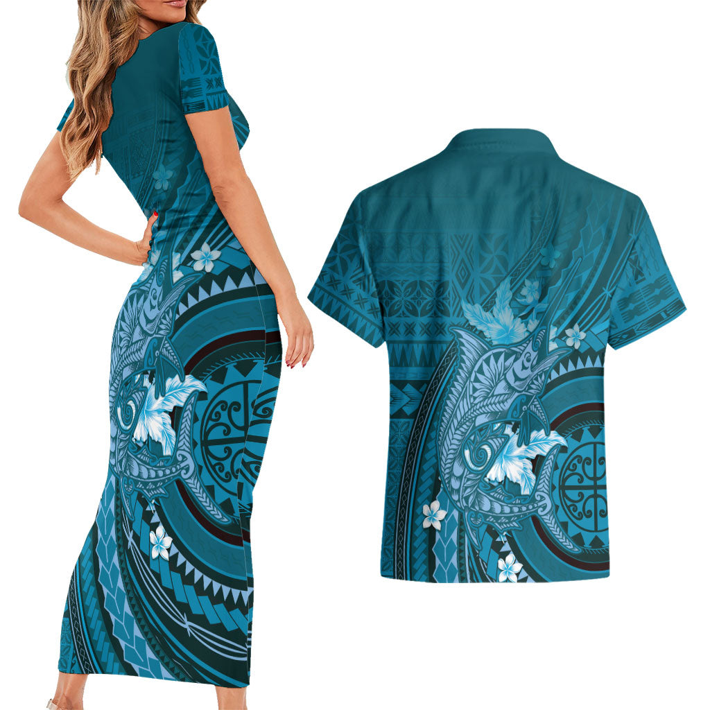 Samoa Tatau Marlin Couples Matching Short Sleeve Bodycon Dress and Hawaiian Shirt With Siapo Motifs Teal LT05 - Polynesian Pride
