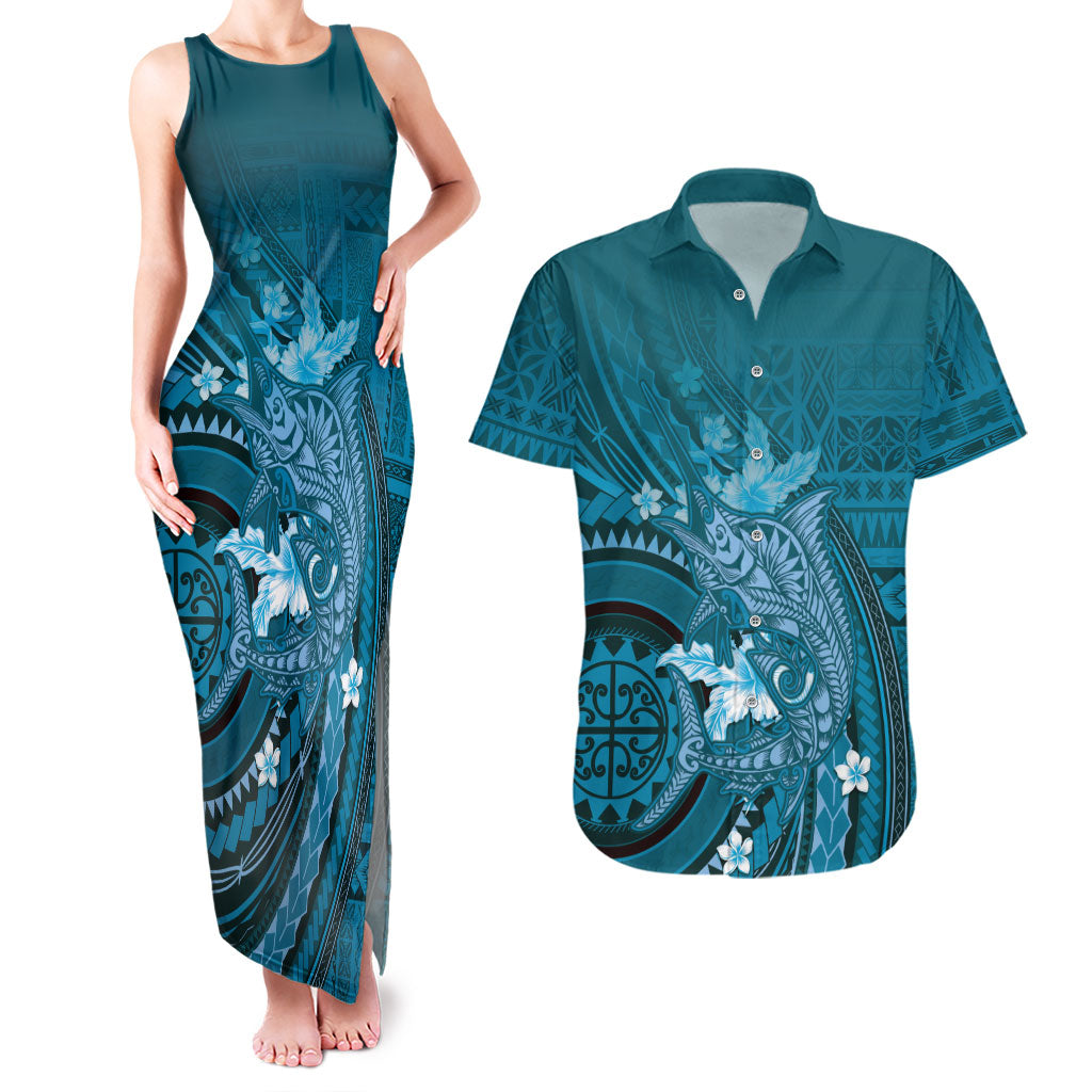 Samoa Tatau Marlin Couples Matching Tank Maxi Dress and Hawaiian Shirt With Siapo Motifs Teal