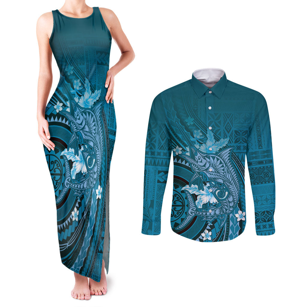 Samoa Tatau Marlin Couples Matching Tank Maxi Dress and Long Sleeve Button Shirt With Siapo Motifs Teal