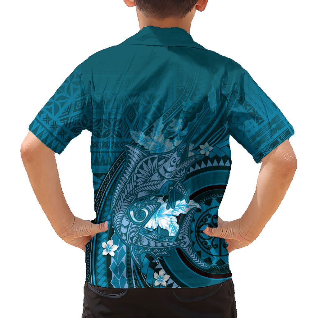 Samoa Tatau Marlin Family Matching Long Sleeve Bodycon Dress and Hawaiian Shirt With Siapo Motifs Teal LT05 - Polynesian Pride