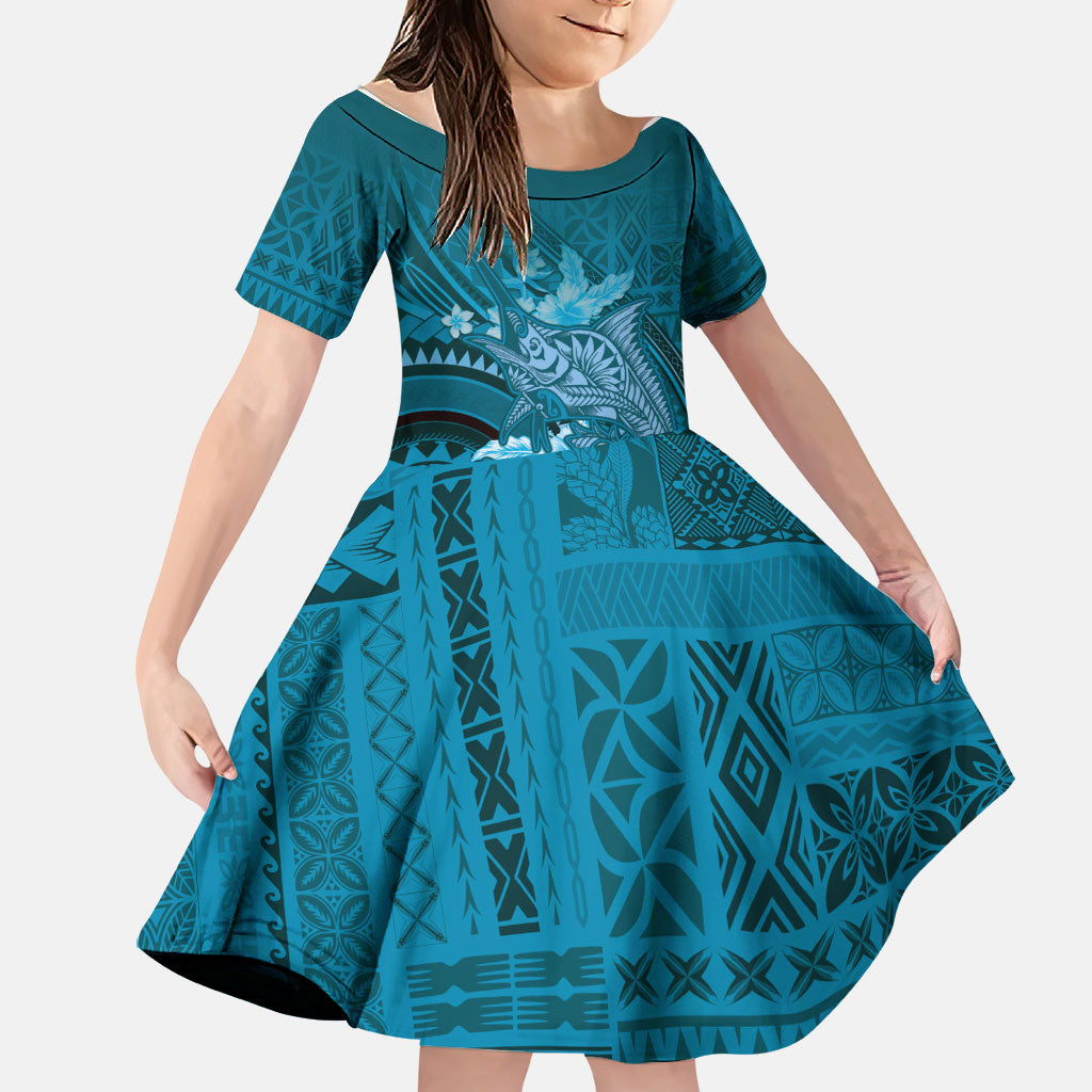 Samoa Tatau Marlin Family Matching Long Sleeve Bodycon Dress and Hawaiian Shirt With Siapo Motifs Teal LT05 Daughter's Dress Teal - Polynesian Pride
