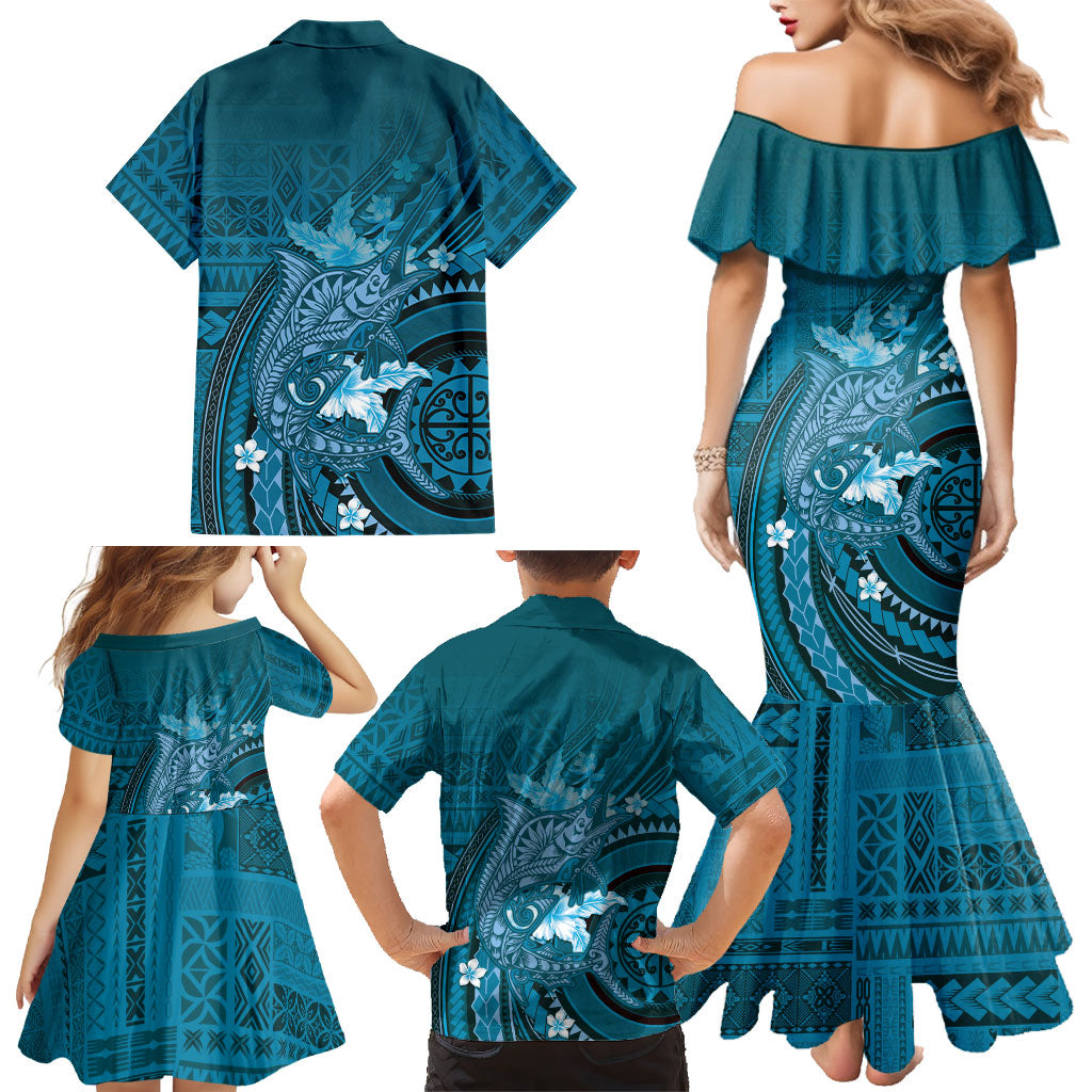 Samoa Tatau Marlin Family Matching Mermaid Dress and Hawaiian Shirt With Siapo Motifs Teal LT05 - Polynesian Pride