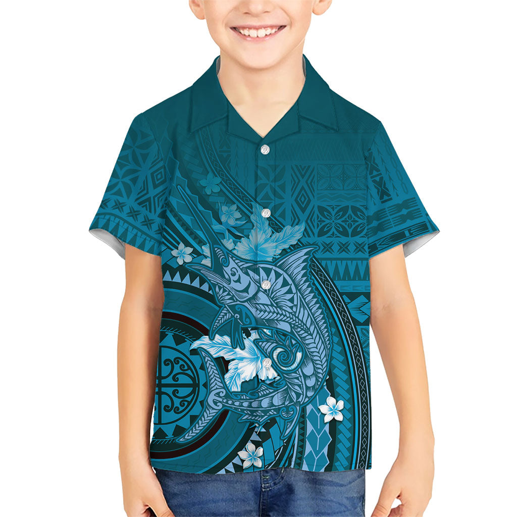 Samoa Tatau Marlin Family Matching Off The Shoulder Long Sleeve Dress and Hawaiian Shirt With Siapo Motifs Teal LT05 Son's Shirt Teal - Polynesian Pride
