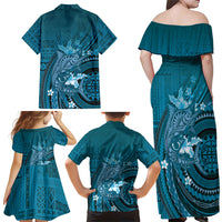 Samoa Tatau Marlin Family Matching Off Shoulder Maxi Dress and Hawaiian Shirt With Siapo Motifs Teal LT05 - Polynesian Pride