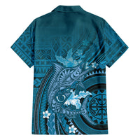 Samoa Tatau Marlin Family Matching Off Shoulder Maxi Dress and Hawaiian Shirt With Siapo Motifs Teal LT05 - Polynesian Pride
