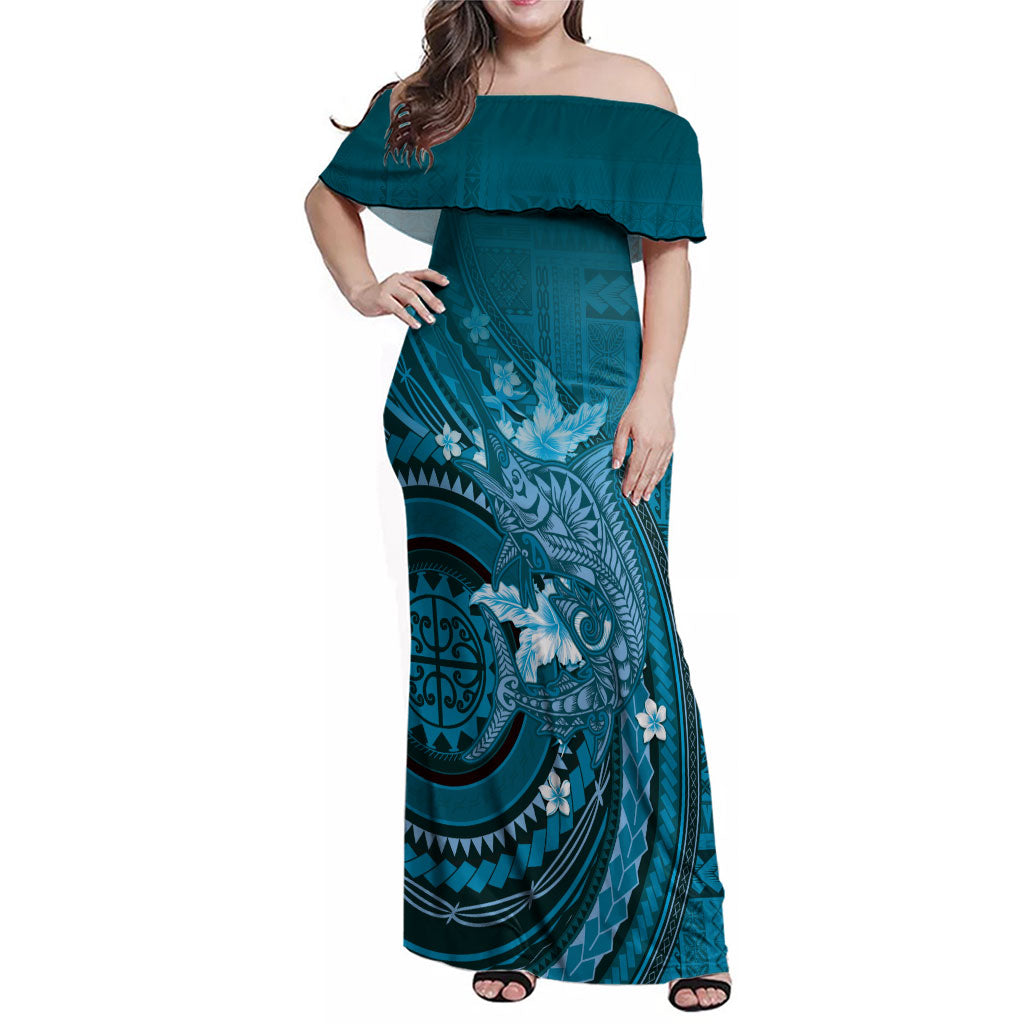 Samoa Tatau Marlin Family Matching Off Shoulder Maxi Dress and Hawaiian Shirt With Siapo Motifs Teal LT05 Mom's Dress Teal - Polynesian Pride