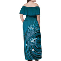 Samoa Tatau Marlin Family Matching Off Shoulder Maxi Dress and Hawaiian Shirt With Siapo Motifs Teal LT05 - Polynesian Pride