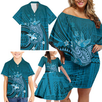 Samoa Tatau Marlin Family Matching Off Shoulder Short Dress and Hawaiian Shirt With Siapo Motifs Teal LT05 - Polynesian Pride