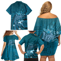 Samoa Tatau Marlin Family Matching Off Shoulder Short Dress and Hawaiian Shirt With Siapo Motifs Teal LT05 - Polynesian Pride