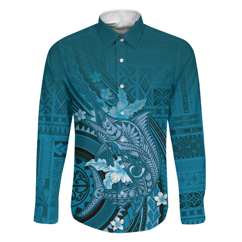 Samoa Tatau Marlin Family Matching Off Shoulder Short Dress and Hawaiian Shirt With Siapo Motifs Teal LT05 Dad's Shirt - Long Sleeve Teal - Polynesian Pride