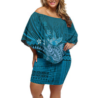 Samoa Tatau Marlin Family Matching Off Shoulder Short Dress and Hawaiian Shirt With Siapo Motifs Teal LT05 Mom's Dress Teal - Polynesian Pride