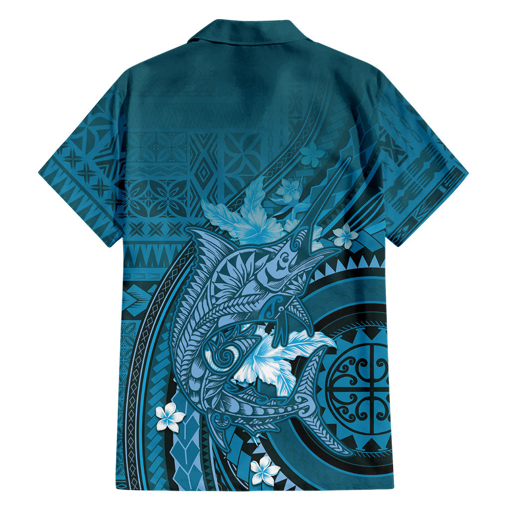 Samoa Tatau Marlin Family Matching Puletasi and Hawaiian Shirt With Siapo Motifs Teal