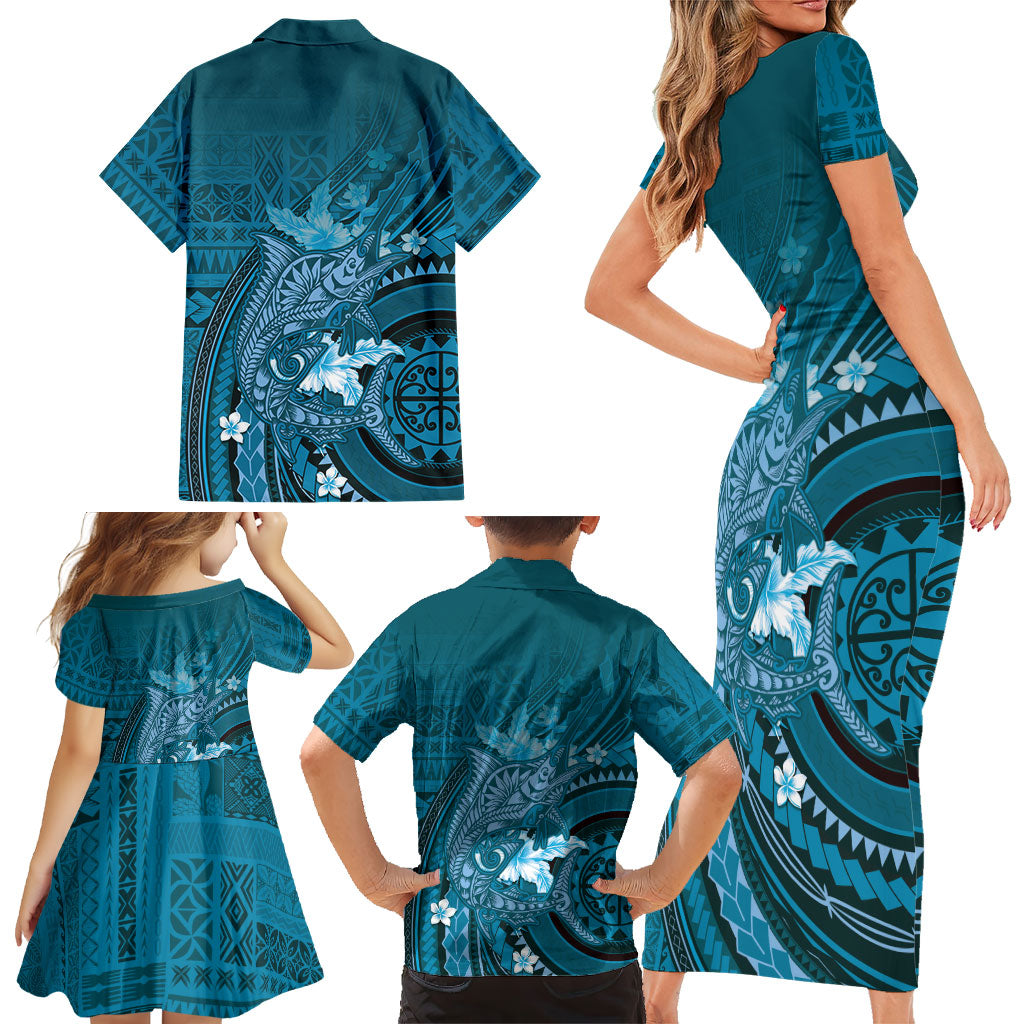 Samoa Tatau Marlin Family Matching Short Sleeve Bodycon Dress and Hawaiian Shirt With Siapo Motifs Teal LT05 - Polynesian Pride