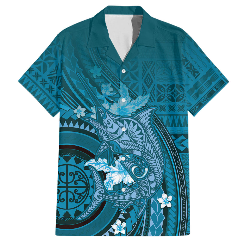 Samoa Tatau Marlin Family Matching Short Sleeve Bodycon Dress and Hawaiian Shirt With Siapo Motifs Teal LT05 Dad's Shirt - Short Sleeve Teal - Polynesian Pride