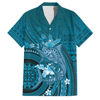 Samoa Tatau Marlin Family Matching Summer Maxi Dress and Hawaiian Shirt With Siapo Motifs Teal LT05 Dad's Shirt - Short Sleeve Teal - Polynesian Pride