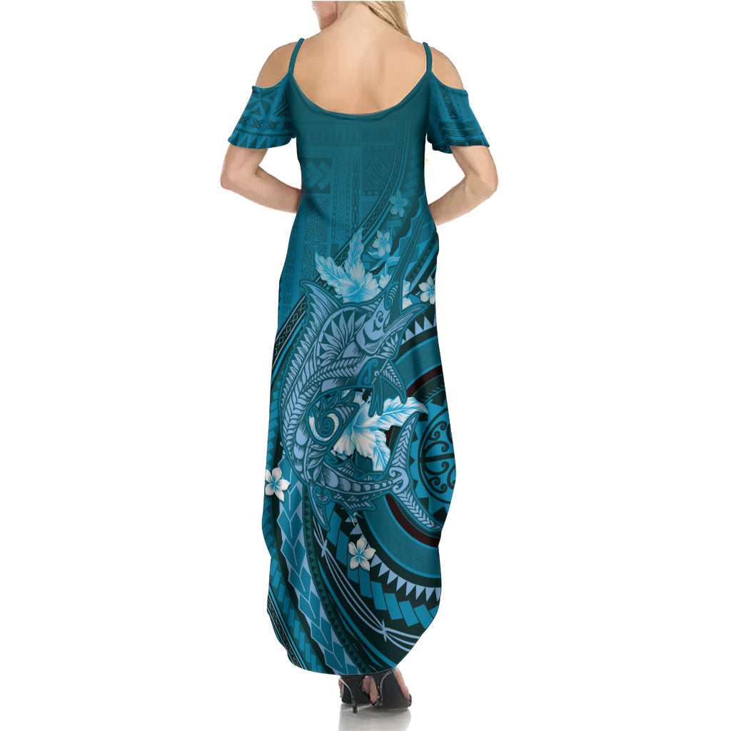 Samoa Tatau Marlin Family Matching Summer Maxi Dress and Hawaiian Shirt With Siapo Motifs Teal LT05 - Polynesian Pride