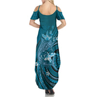 Samoa Tatau Marlin Family Matching Summer Maxi Dress and Hawaiian Shirt With Siapo Motifs Teal LT05 - Polynesian Pride