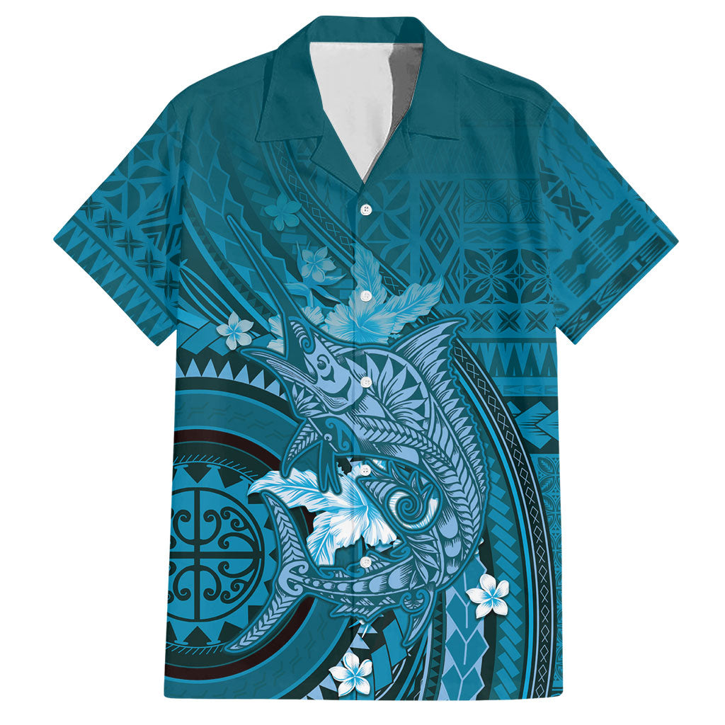 Samoa Tatau Marlin Hawaiian Shirt With Siapo Motifs Teal