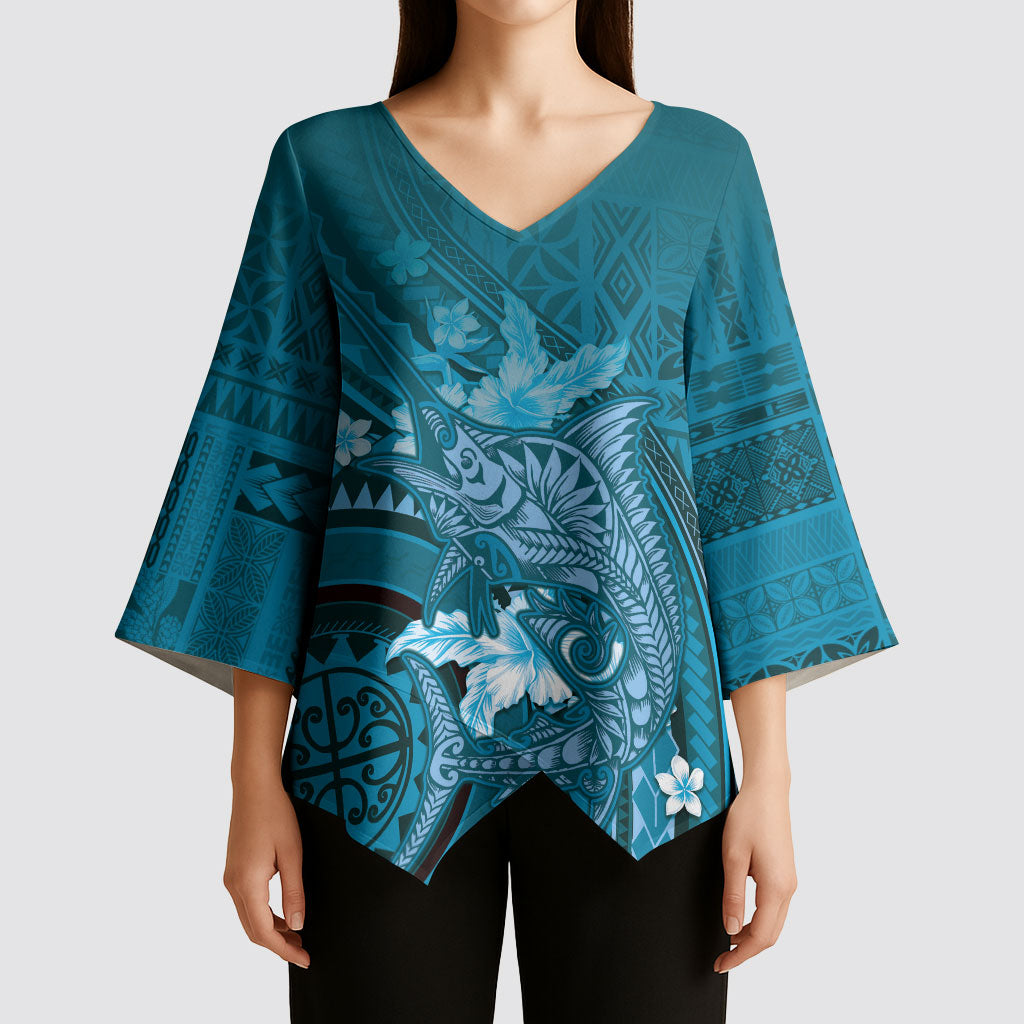 Samoa Tatau Marlin Kimono Sleeve Blouse With Siapo Motifs Teal