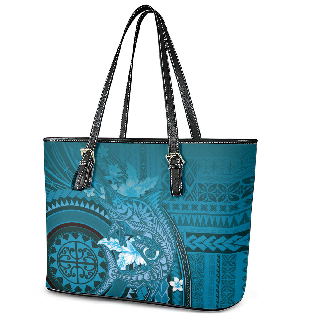 Samoa Tatau Marlin Leather Tote Bag With Siapo Motifs Teal