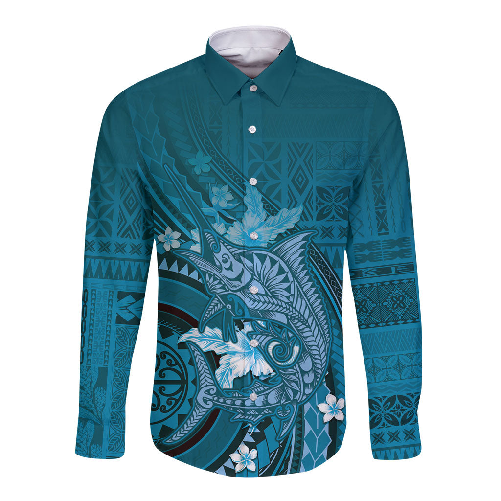 Samoa Tatau Marlin Long Sleeve Button Shirt With Siapo Motifs Teal