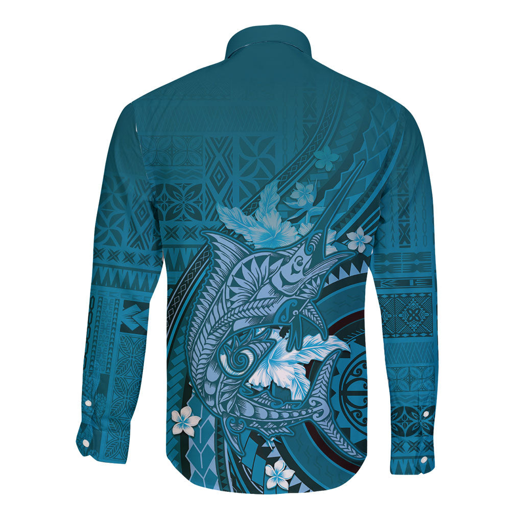 Samoa Tatau Marlin Long Sleeve Button Shirt With Siapo Motifs Teal