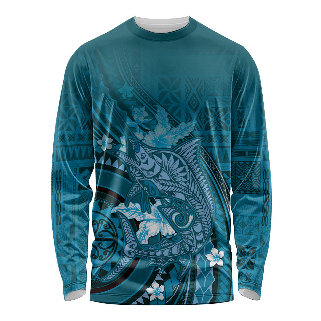 Samoa Tatau Marlin Long Sleeve Shirt With Siapo Motifs Teal