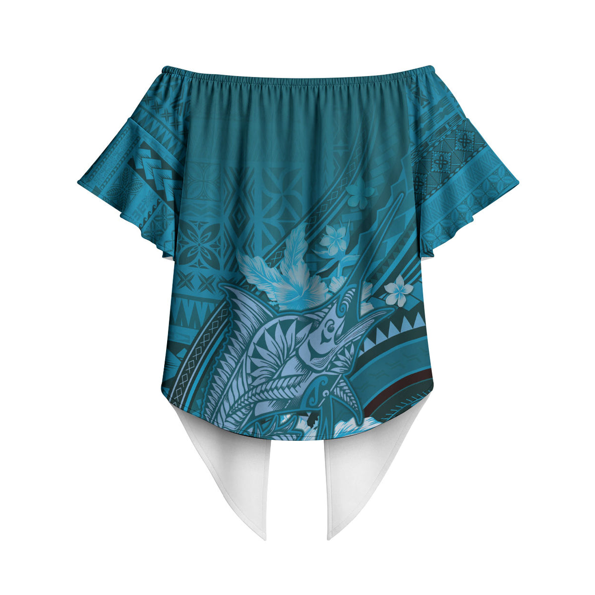Samoa Tatau Marlin Off Shoulder Wrap Waist Top With Siapo Motifs Teal LT05 - Polynesian Pride