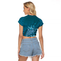 Samoa Tatau Marlin Raglan Cropped T Shirt With Siapo Motifs Teal