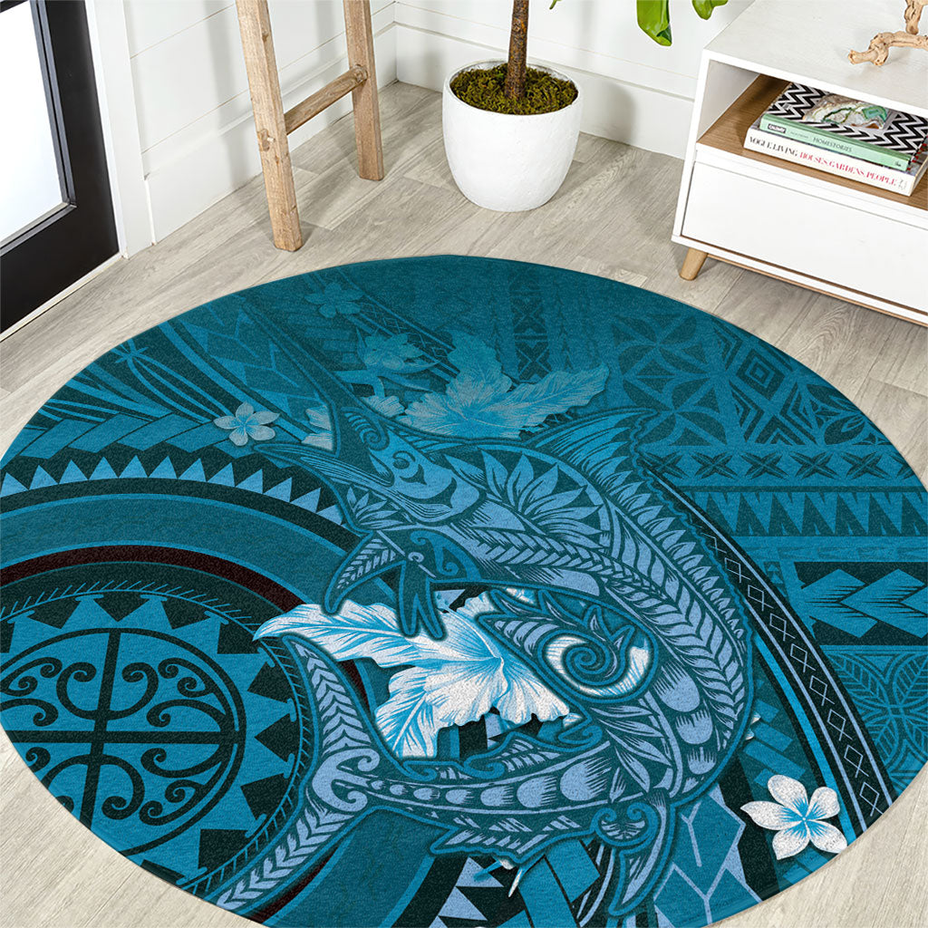Samoa Tatau Marlin Round Carpet With Siapo Motifs Teal