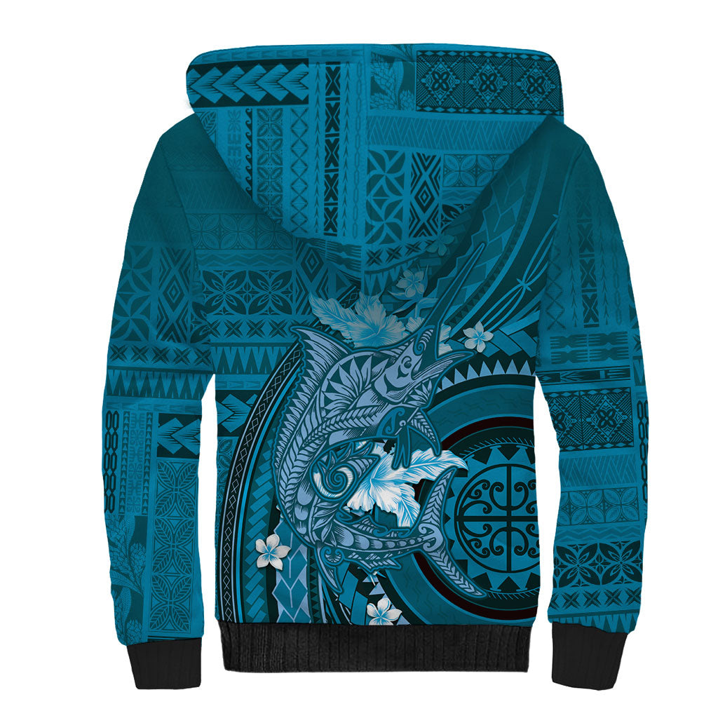 Samoa Tatau Marlin Sherpa Hoodie With Siapo Motifs Teal