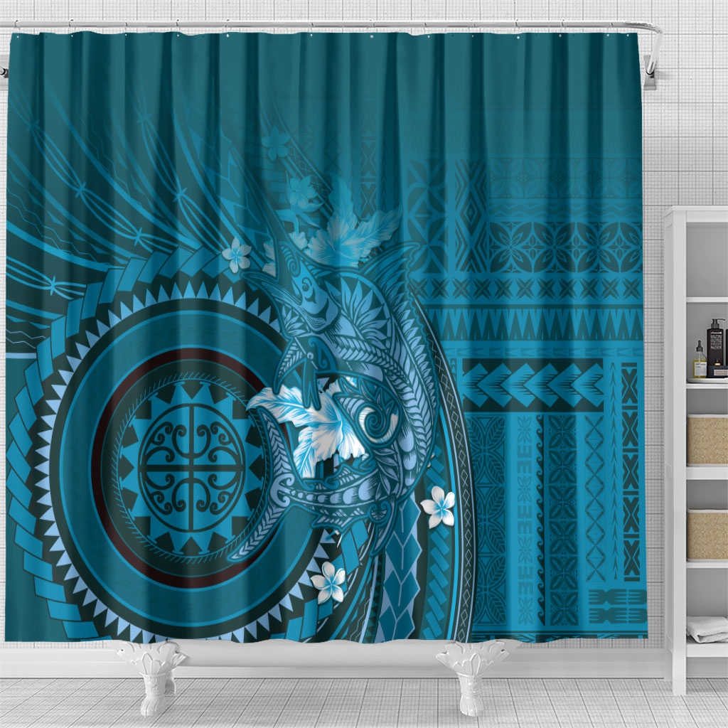Samoa Tatau Marlin Shower Curtain With Siapo Motifs Teal