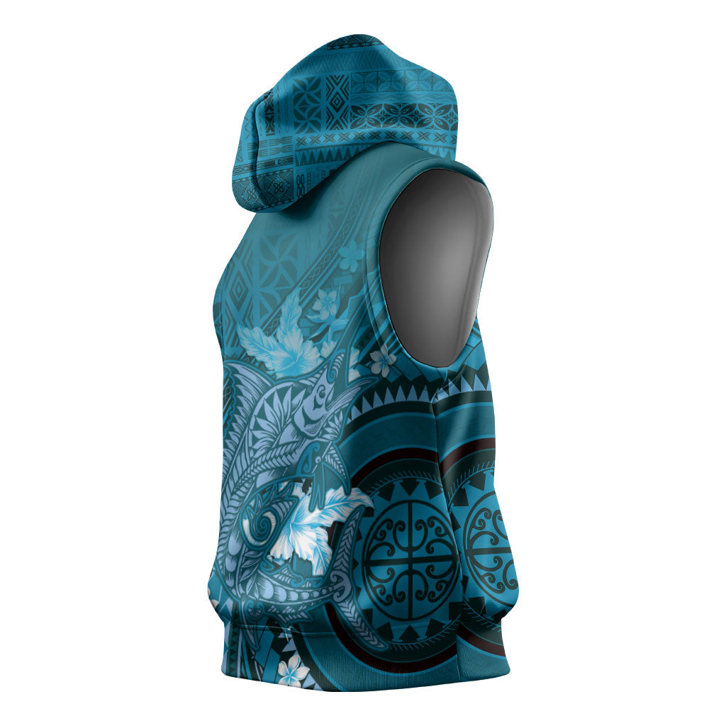 Samoa Tatau Marlin Sleeveless Hoodie With Siapo Motifs Teal