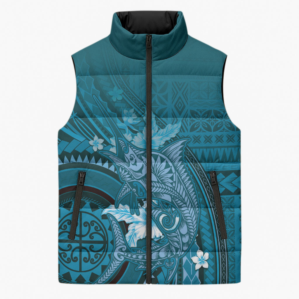 Samoa Tatau Marlin Sleeveless Puffer Jacket With Siapo Motifs Teal