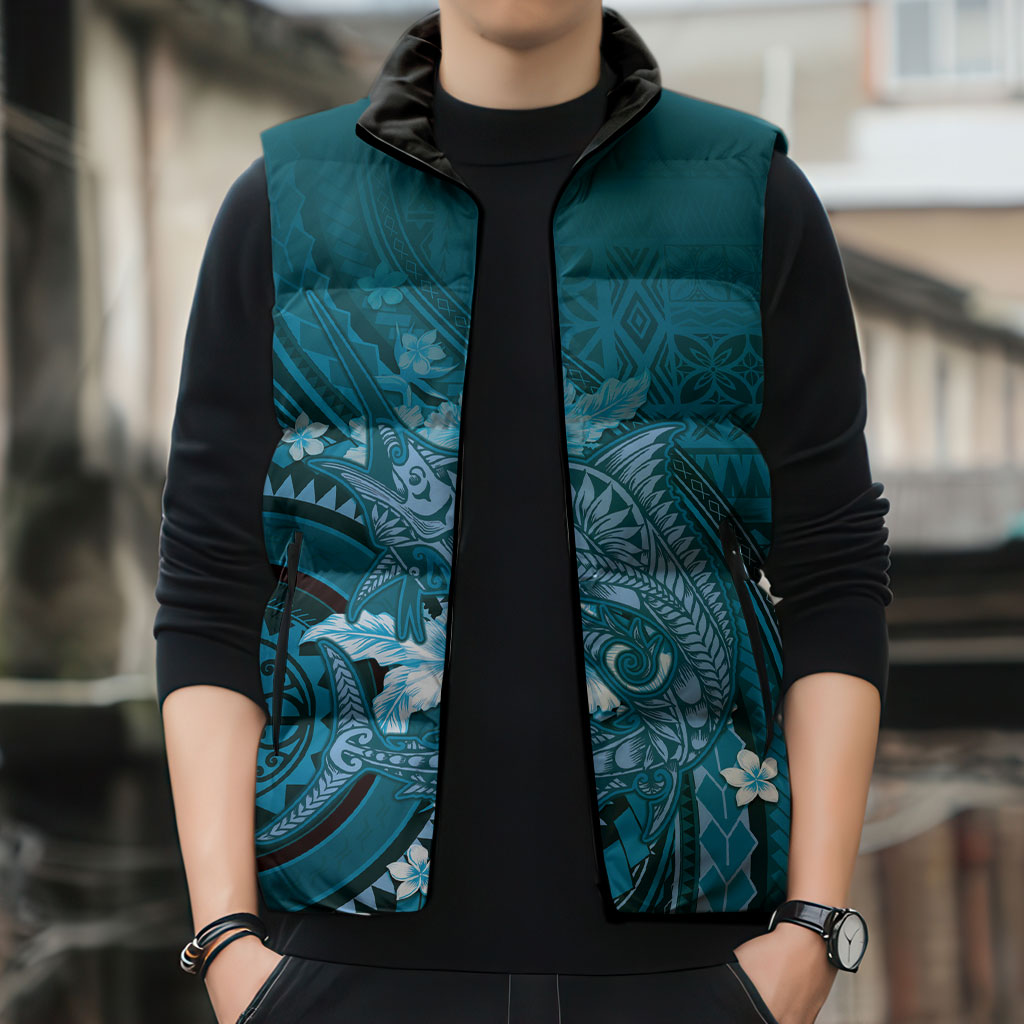 Samoa Tatau Marlin Sleeveless Puffer Jacket With Siapo Motifs Teal