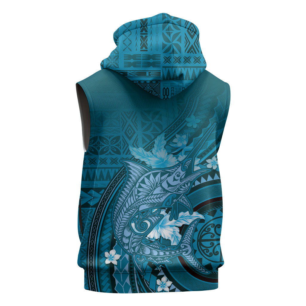Samoa Tatau Marlin Sleeveless Zip Hoodie With Siapo Motifs Teal