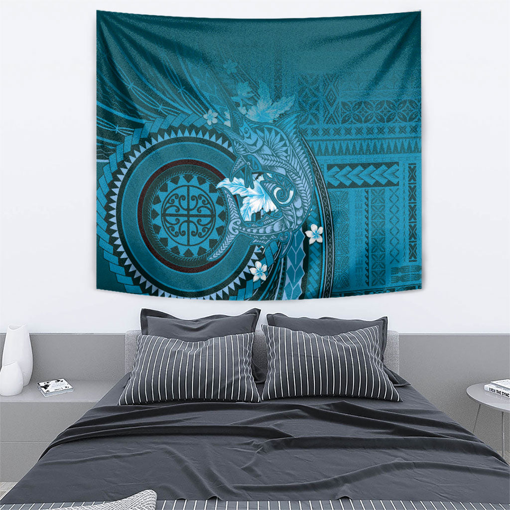 Samoa Tatau Marlin Tapestry With Siapo Motifs Teal
