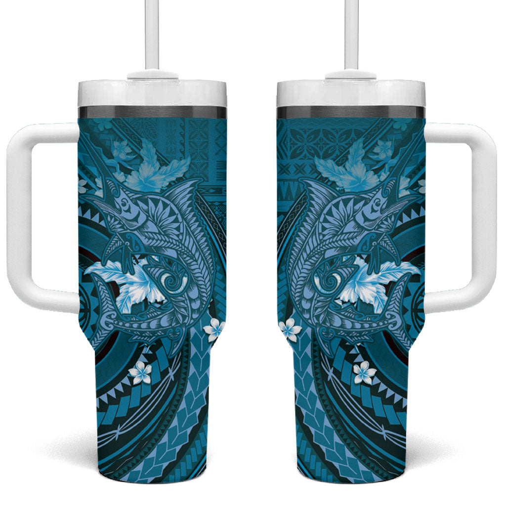 Samoa Tatau Marlin Tumbler With Handle With Siapo Motifs Teal