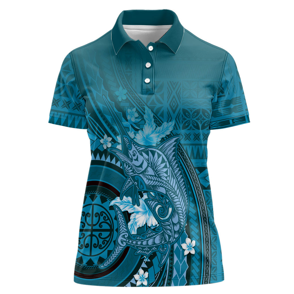 Samoa Tatau Marlin Women Polo Shirt With Siapo Motifs Teal