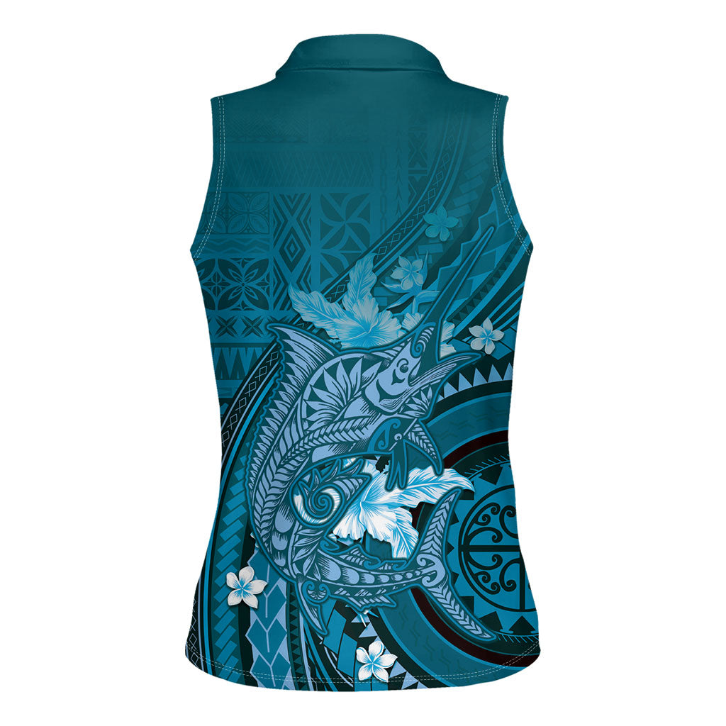 Samoa Tatau Marlin Women Sleeveless Polo Shirt With Siapo Motifs Teal