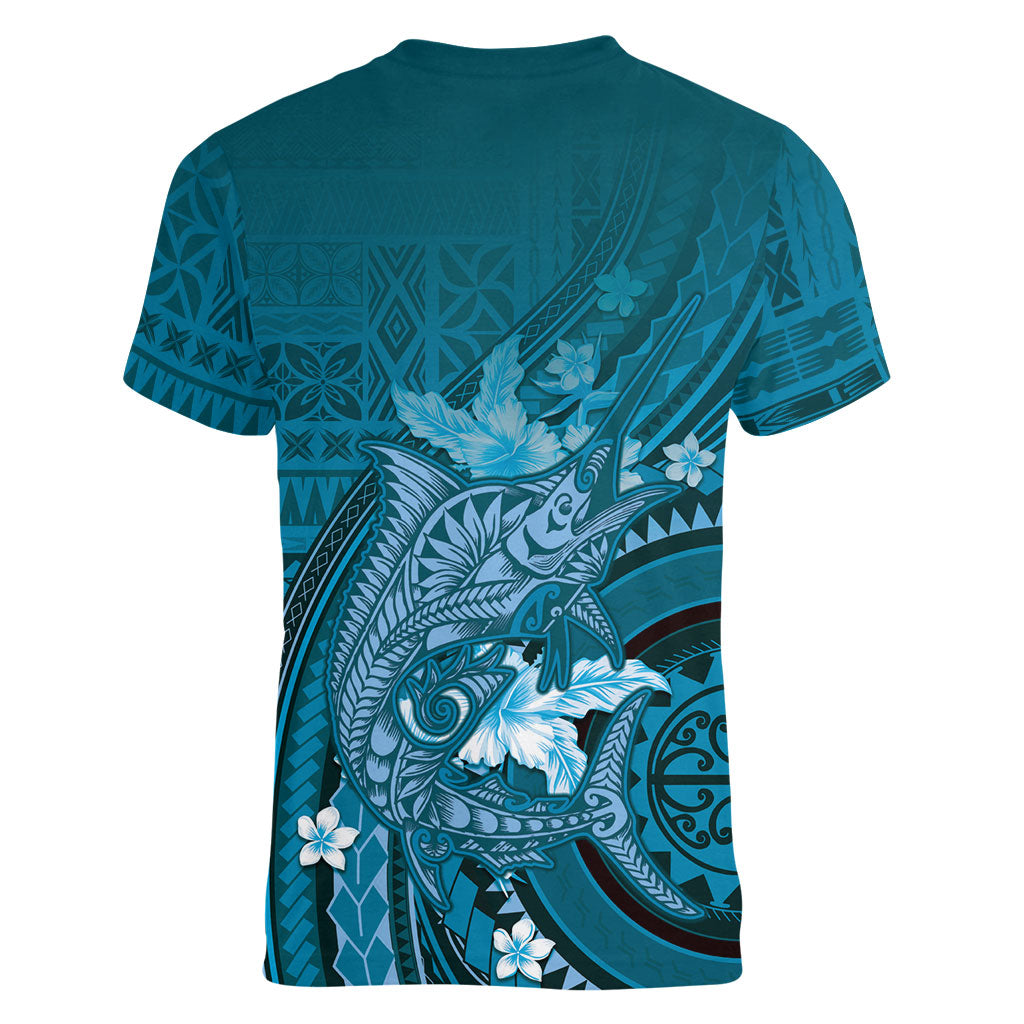 Samoa Tatau Marlin Women V-Neck T-Shirt With Siapo Motifs Teal