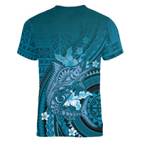 Samoa Tatau Marlin Women V-Neck T-Shirt With Siapo Motifs Teal