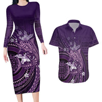 Samoa Tatau Marlin Couples Matching Long Sleeve Bodycon Dress and Hawaiian Shirt With Siapo Motifs Violet
