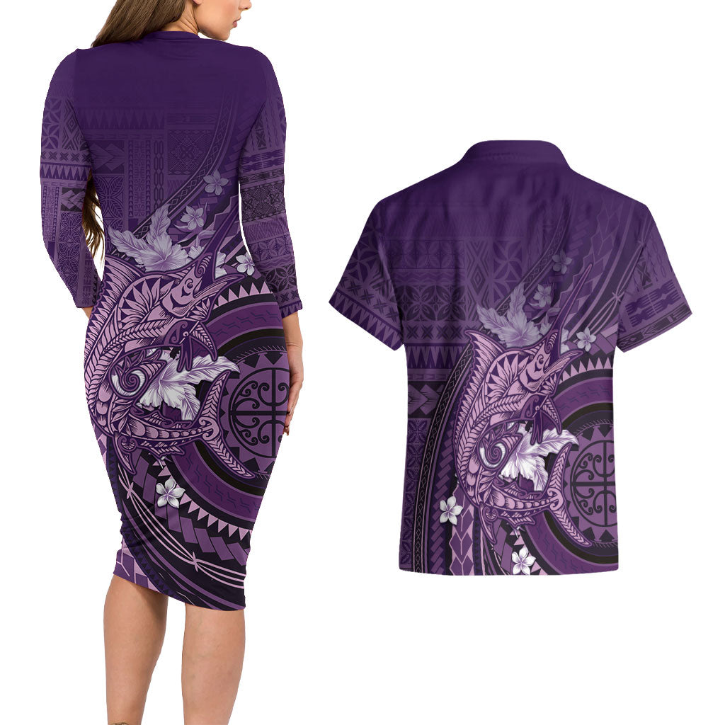 Samoa Tatau Marlin Couples Matching Long Sleeve Bodycon Dress and Hawaiian Shirt With Siapo Motifs Violet