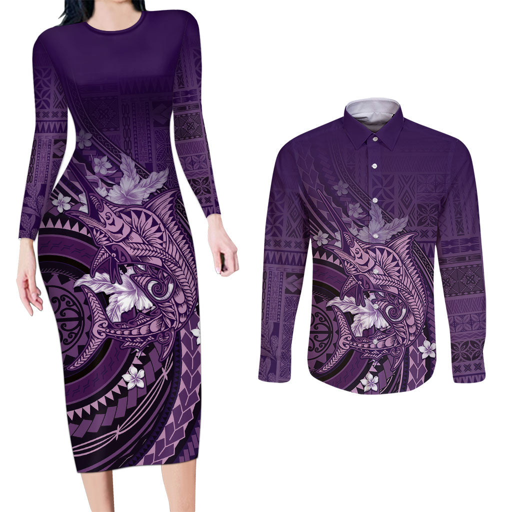 Samoa Tatau Marlin Couples Matching Long Sleeve Bodycon Dress and Long Sleeve Button Shirt With Siapo Motifs Violet